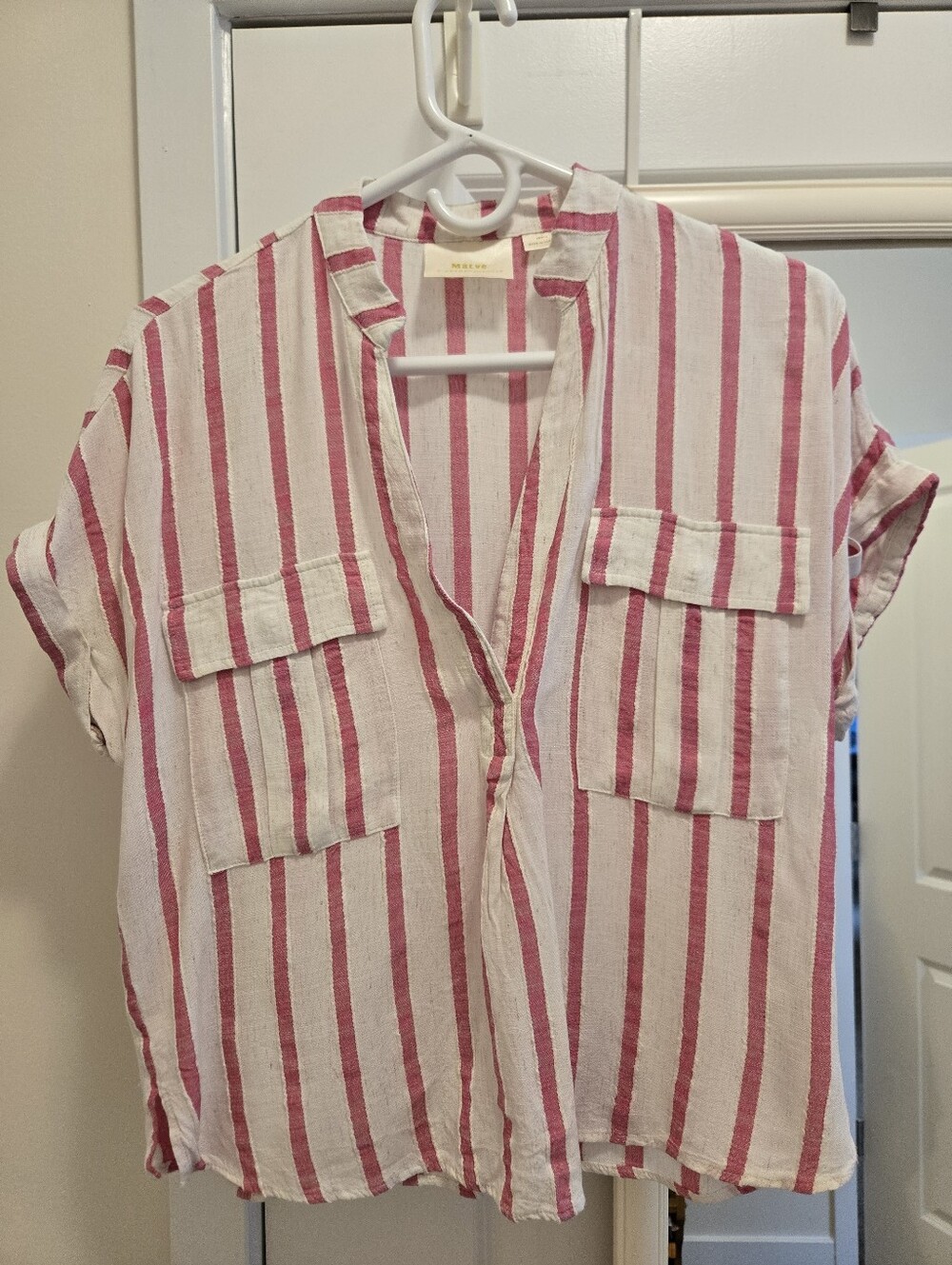 Anthropologie Pink White Stripe Short Sleeve V Neck Top, Size Small